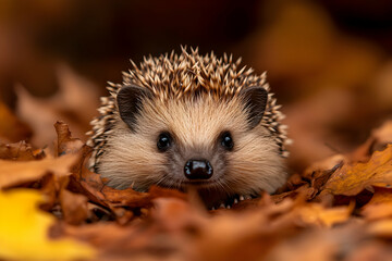 Fototapeta premium Small hedgehog surrounded by autumn leaves in a serene forest setting, capturing the beauty of seasonal change and wildlife in nature
