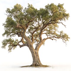 Fototapeta premium An elegant cork oak tree with twisting branches and rich green leaves, set against a clean white background, symbolizing strength and nature