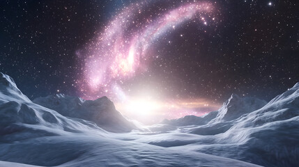 Fototapeta premium breathtaking view of snowy landscape under starry sky, featuring vibrant galaxy in background. scene evokes sense of wonder and tranquility