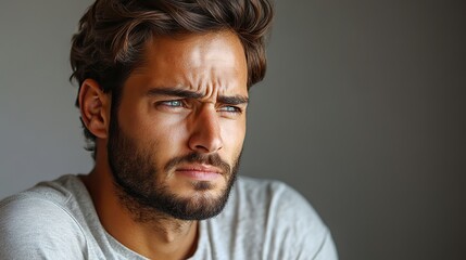 Fototapeta premium Unhealthy eating, nutrition concept Cropped, close up photo of an unhappy, sad guy touching his left side, feeling severe pain, isolated on a gray background.