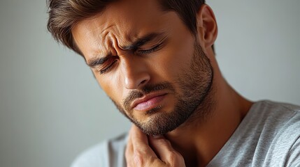 Fototapeta premium Unhealthy eating, nutrition concept Cropped, close up photo of an unhappy, sad guy touching his left side, feeling severe pain, isolated on a gray background.