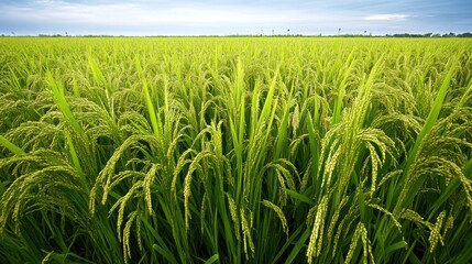 Fototapeta premium Green Rice Field at Cultivation Stage Under Blue Sky Agriculture Landscape