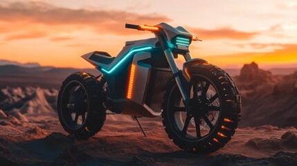 Fototapeta premium Futuristic Motorcycle at Sunset in a Desert Landscape