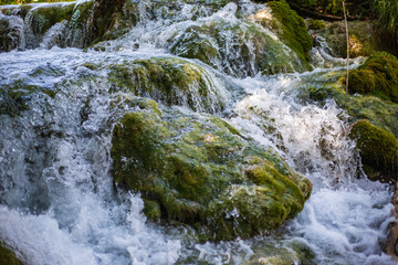 flowing water over stones with moss