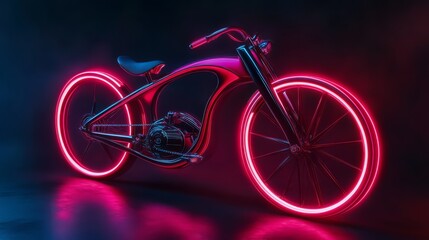 Fototapeta premium Futuristic Pink Neon Bicycle in Dark Studio