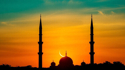 Fototapeta premium Silhouette of Mosque Minarets at Sunset with Crescent Moon. Generative AI