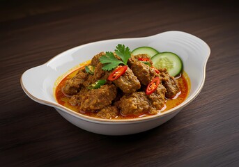 Fototapeta premium Delicious Spicy Beef Rendang in a White Bowl, Garnish with Cilantro and Cucumber