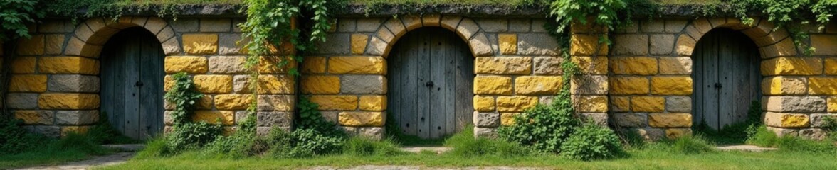 Ancient stone walls with yellow and gray mortar, overgrown with vines and moss, gray, stone