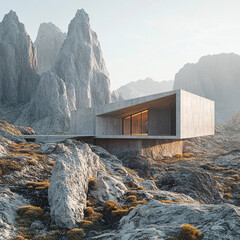 A minimalist mountain sanctuary with overlapping concrete plumes, matte gray textures, and metallic window accents, blending seamlessly into rugged terrain.