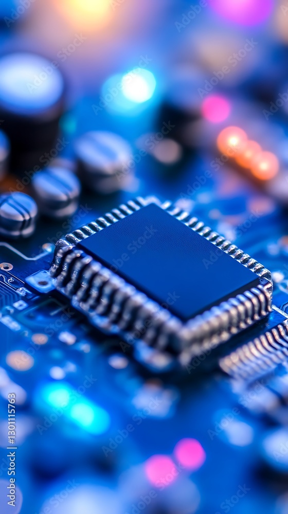 Poster macro view of a microchip on circuit board with bokeh light effects