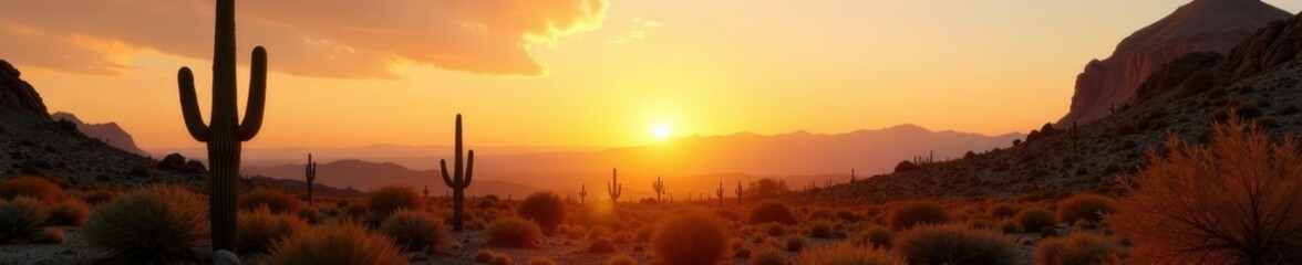 Desert landscape with tall cacti in golden light, cactus, sunset, rocky