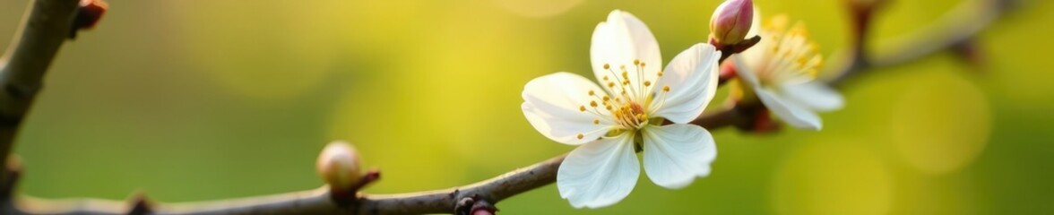 Fototapeta premium Detail of white corolla with yellow stamens on a tree branch, yellow, detail