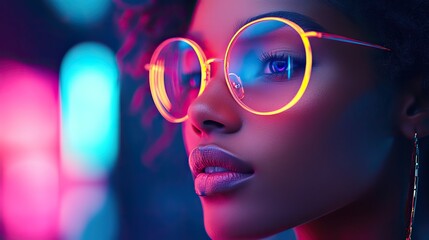 Vibrant neon lights highlight the profile view of a person wearing glasses, creating a futuristic aesthetic.