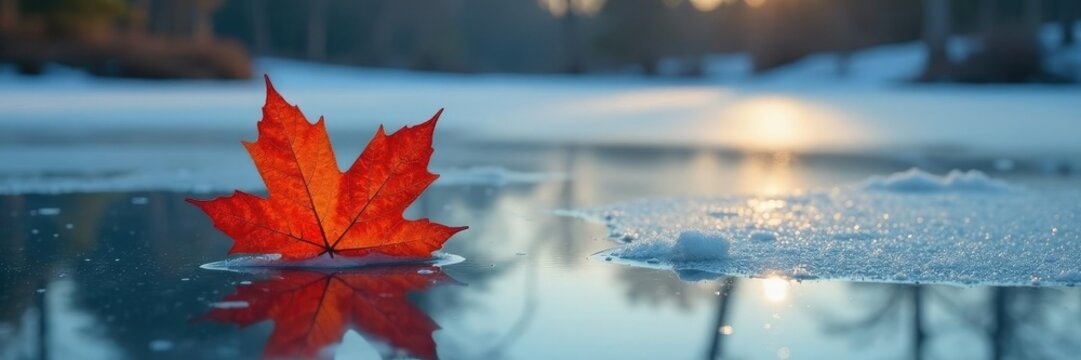 Desolate landscape with single maple leaf on frozen pond surface, water, ice, reflection