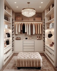Luxurious walk-in closet, organized storage, elegant lighting, neutral color scheme