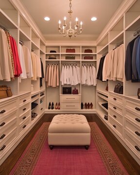 Luxurious walk-in closet with organized clothing, accessories, and seating; elegant interior design