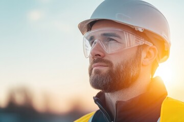 safety specialist wearing protective gear stands confidently with blurred background conveying professionalism and