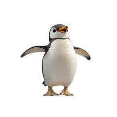 Fototapeta premium A cheerful cartoon penguin stands with its flippers extended, exuding a playful and lively demeanor against a transparent background