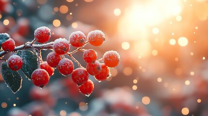 Viburnum branches with bright red berries covered with ice and snow. Cold rain in winter garden. October, November, December, sunny forest background.