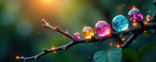 Fototapeta premium Glass beads and sparkling wires woven into a tree branch, branch, tree