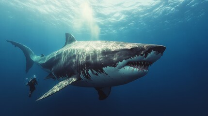 Fototapeta premium A diver swims close to a magnificent great white shark, showcasing the beauty of ocean life