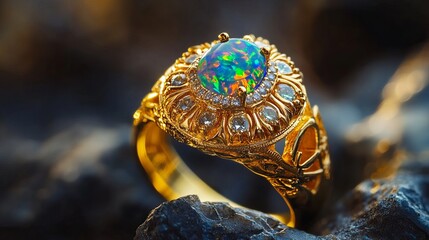 Naklejka premium Elegant Gold Opal Ring with Diamond Accents Exquisite Jewelry Photography Stunning Precious Gemstone Detailed Macro Shot Luxury Fashion Accessory High