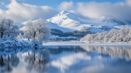 Fototapeta premium Stunning Winter Landscape Frozen Lake Majestic Mountain Snow Covered Trees Serenity Peaceful Nature Scene Breathtaking View Cold Winter Day Frosty 