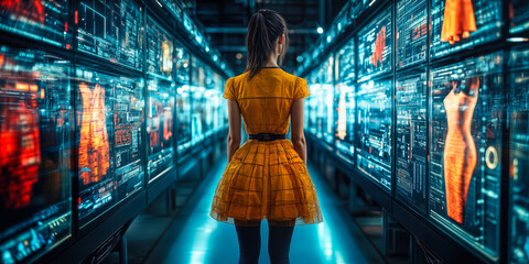 Woman in futuristic digital fashion showroom exploring innovative eco-friendly clothing designs on interactive displays