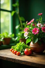 Lush greenery and flowers on a natural wooden table, rustic, greenery