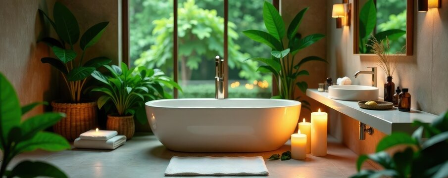 Lush greenery and candles create a soothing ambiance in a bathroom, ambiance, relaxation