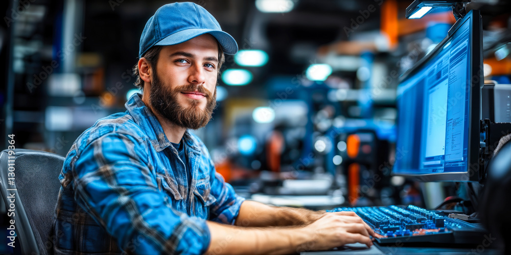 Poster software engineer working on versatile management tools in a modern office environment with focus on