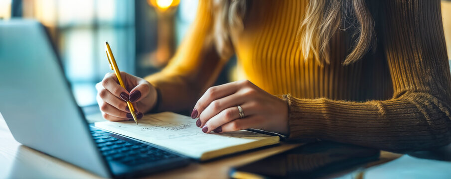 Woman Writing Notes in Notebook While Using Laptop for Event Planning and Online Learning at Office Desk