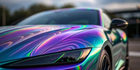 Fototapeta premium An iridescent surface displaying dynamic, flowing colors in an abstract futuristic design, with shifting hues of purple, blue, and green creating a mesmerizing effect