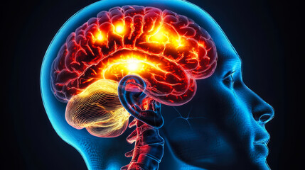 3D Illustration of Brain and Spinal Cord with Inflammation Highlighting Meningitis Effects on Central Nervous System