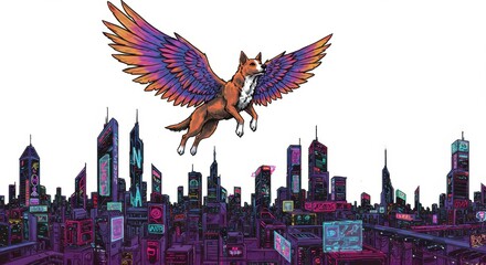 Obraz premium A Dog with Wings Soaring Over a Futuristic City
