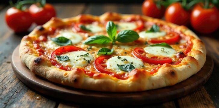Pizza mit Tomaten, Pfefferonie und Mozzarella, saftig, herbst