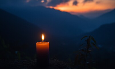 Single candle flame at mountaintop sunset, tranquil scene
