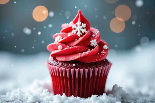 Single cupcake with red velvet frosting and snowflake decorations, snowy, sweet treat - Powered by Adobe