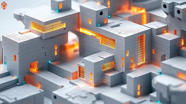 City blocks glow in an abstract landscape - Powered by Adobe