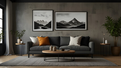 Black frame mockup in boho living room interior background with gray sofa.