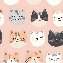 Fototapeta premium Cute cat faces pattern digital artwork whimsical design playful mood