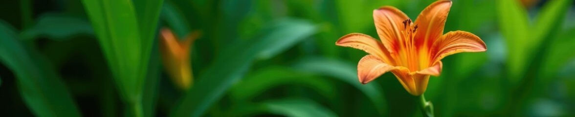 Single orange daylily bloom on a leafy green stem with raindrops, water droplets, leafy greens, flower petals