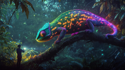A massive, bioluminescent chameleon with vibrant neon colors rests on a tree branch in a glowing, mystical jungle, as a small figure observes.  