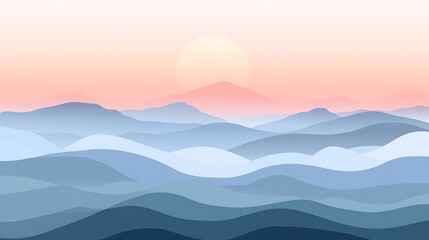 The abstract artwork of mountains and a rising sun illustration