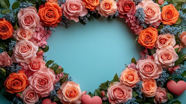 Women's Day top view roses, hearts on pink, empty circle for affectionate words.