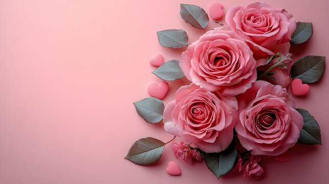 Women's Day top view roses, hearts on pink, empty circle for affectionate words.