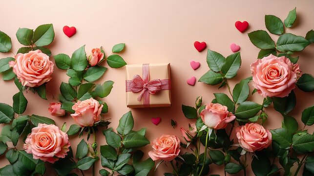 Women's Day top view roses, hearts, gift on beige with space for affectionate words.