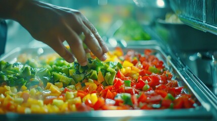 Chef prepares fresh vegetables in vibrant colors for a delicious meal in a busy kitchen during lunchtime