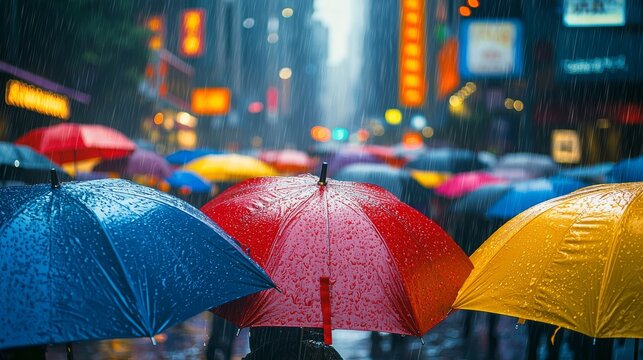 Vibrant Umbrellas in a Bustling Street During Rainy Weather