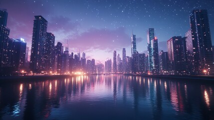 Obraz premium A Scene of a Big City at Evening neon light futuristic